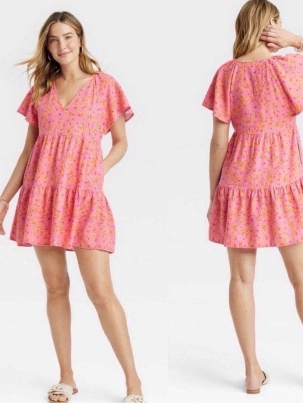 Universal Thread Linen Blend Floral Flutter Sleeve Mini Skater Dress Large